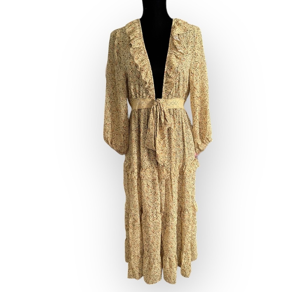 Heyson boho ditsy floral ruffle crochet open long lined kimono mustard medium